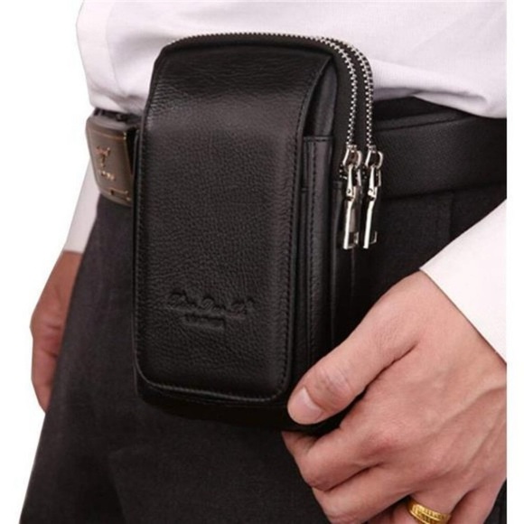 Small Black Leather Bag Waist Belt Pack for Men Loop Holster Wallet Phone case